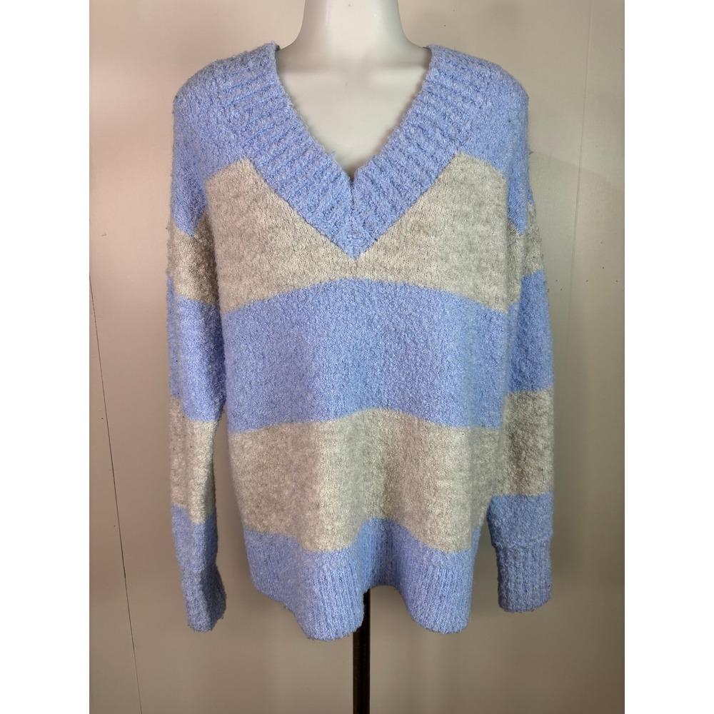 Aerie V-Neck Sweater XS Blue Gray Striped Fuzzy Knit Pullover Relaxed Fit  Women